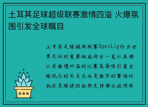 土耳其足球超级联赛激情四溢 火爆氛围引发全球瞩目